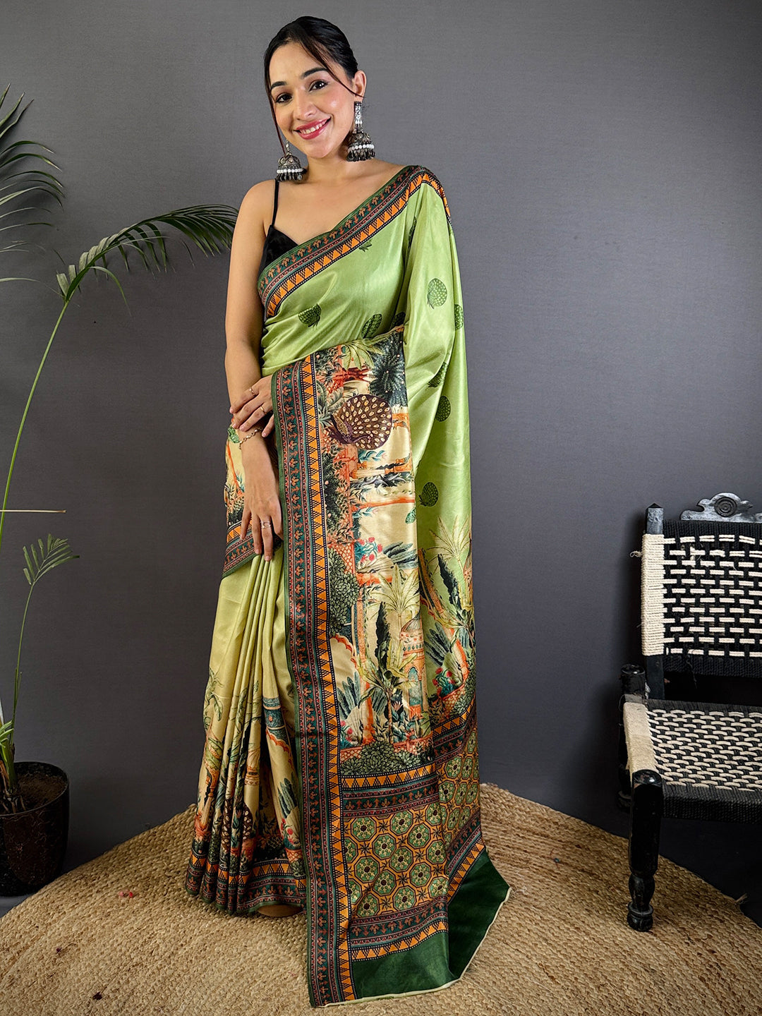 Olive Soft Dola Silk Printed Saree by My Store