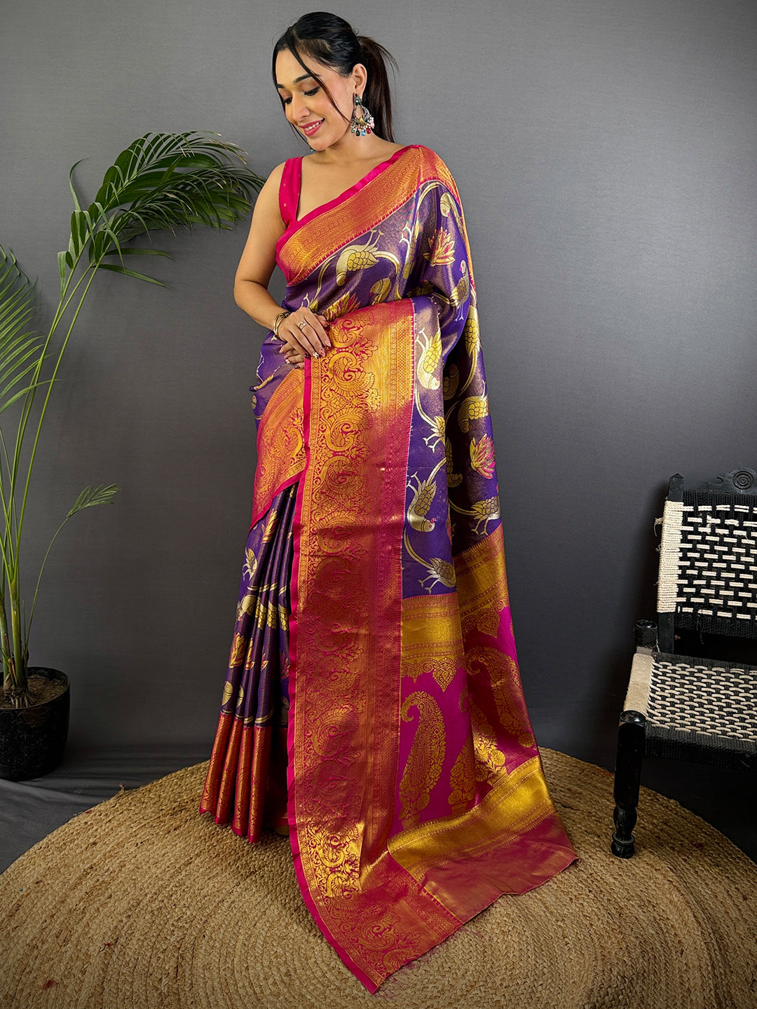 Purple Dharmavaram Gold Birds Print Saree by My Store