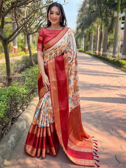 Maroon Colour Double Border Chex Weaving Banarasi Soft Silk Saree by My Store