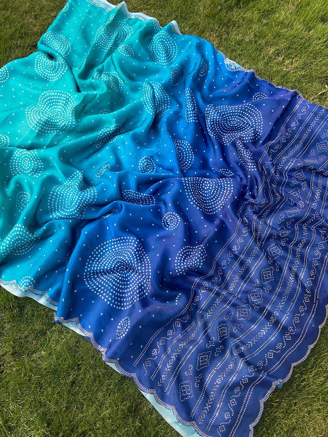 Turquoise Georgette Silk Saree with Ombre Bandhej Print & Swaroski Stone Work