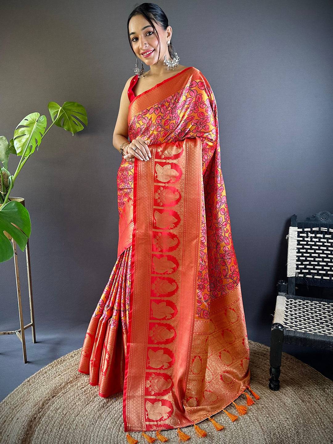 Yellow Charry Satin Floral Saree