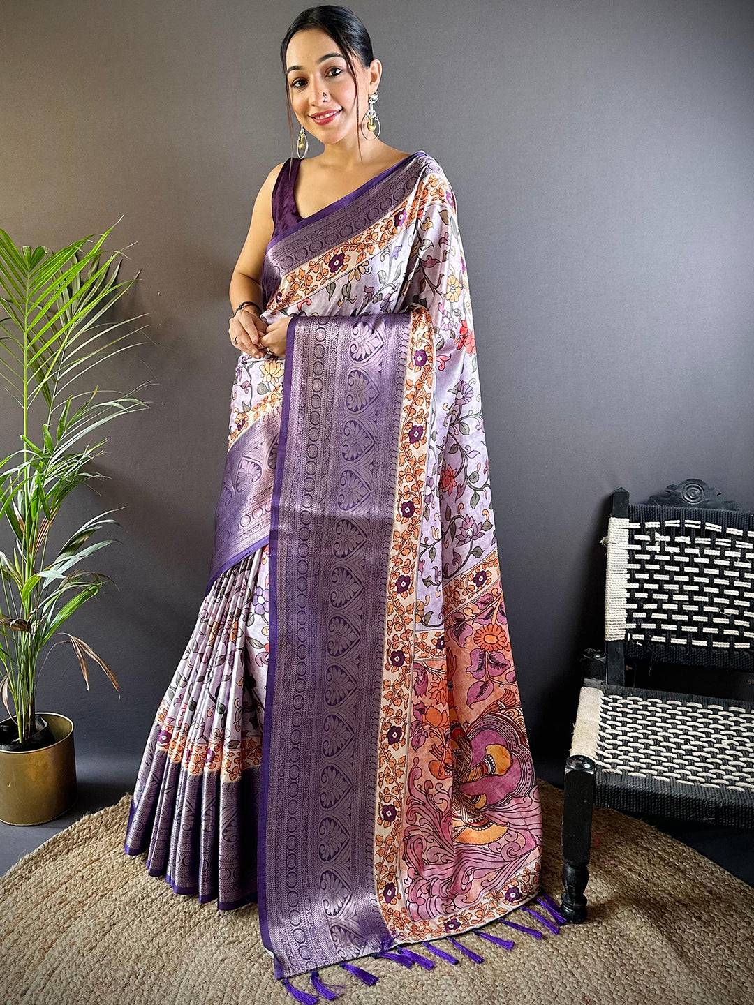 Lilac Floral Kalamkari Print Saree by My Store
