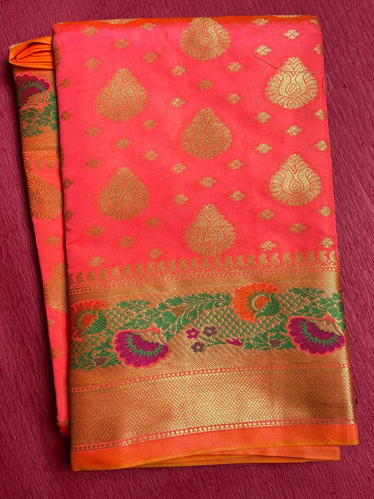 Radiant Peach Golden Motifs Saree by My Store