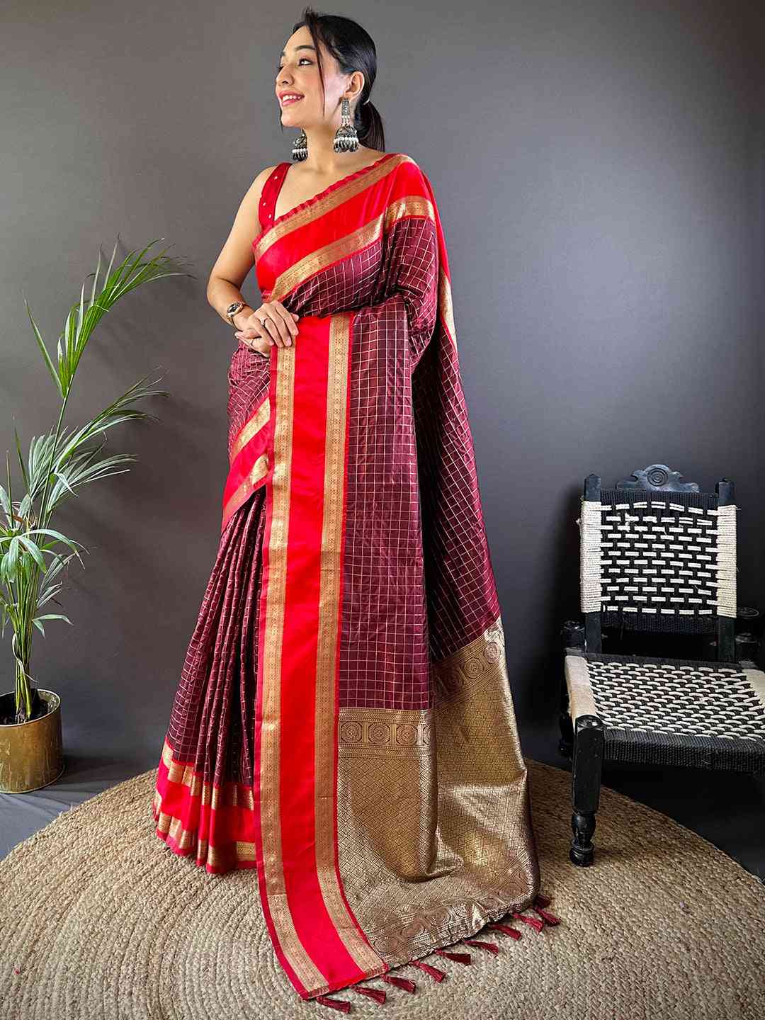 Brown Silk Woven Kanchi Banarasi Saree by My Store
