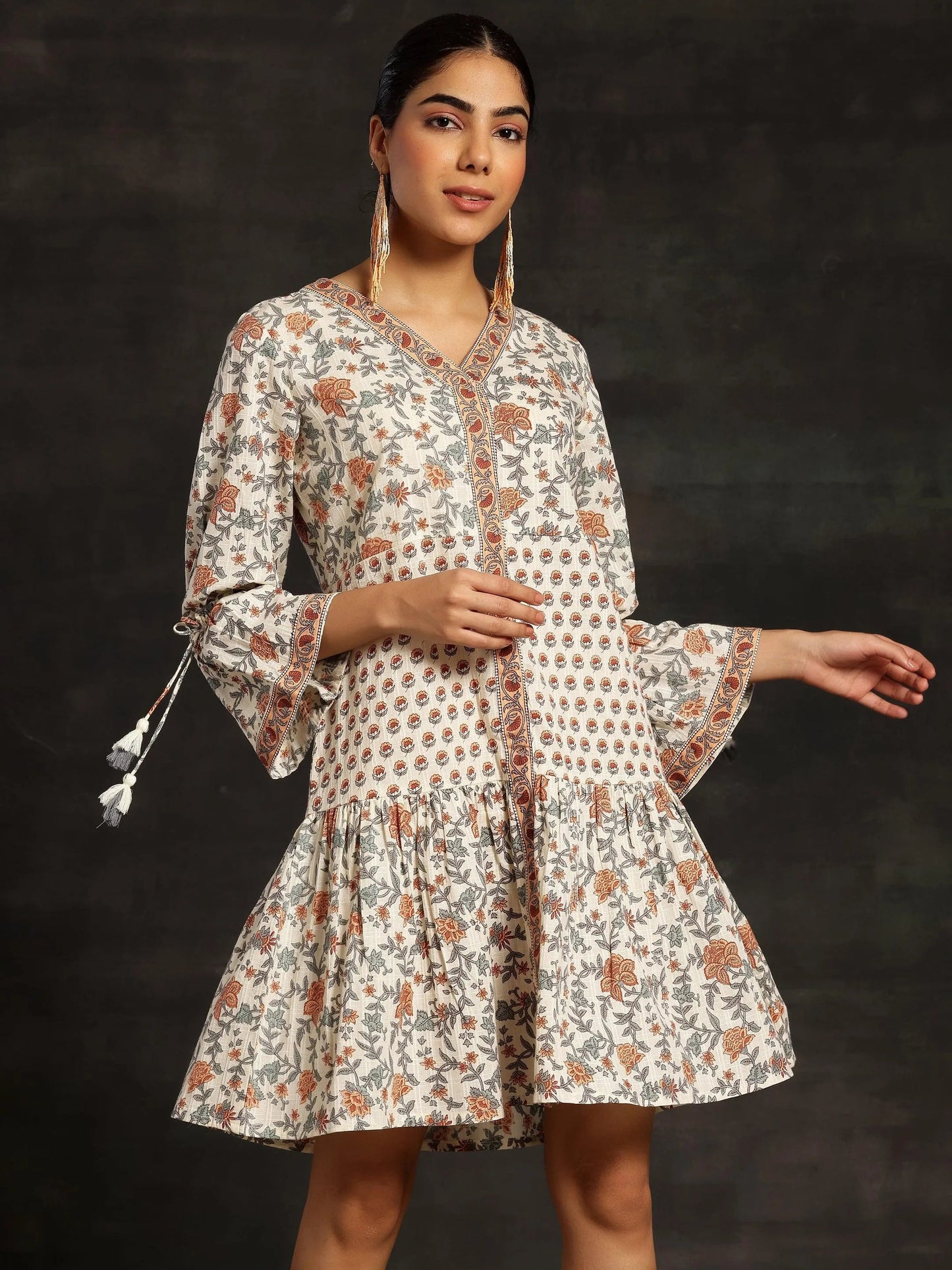 Beige Printed Cotton A-Line Dress