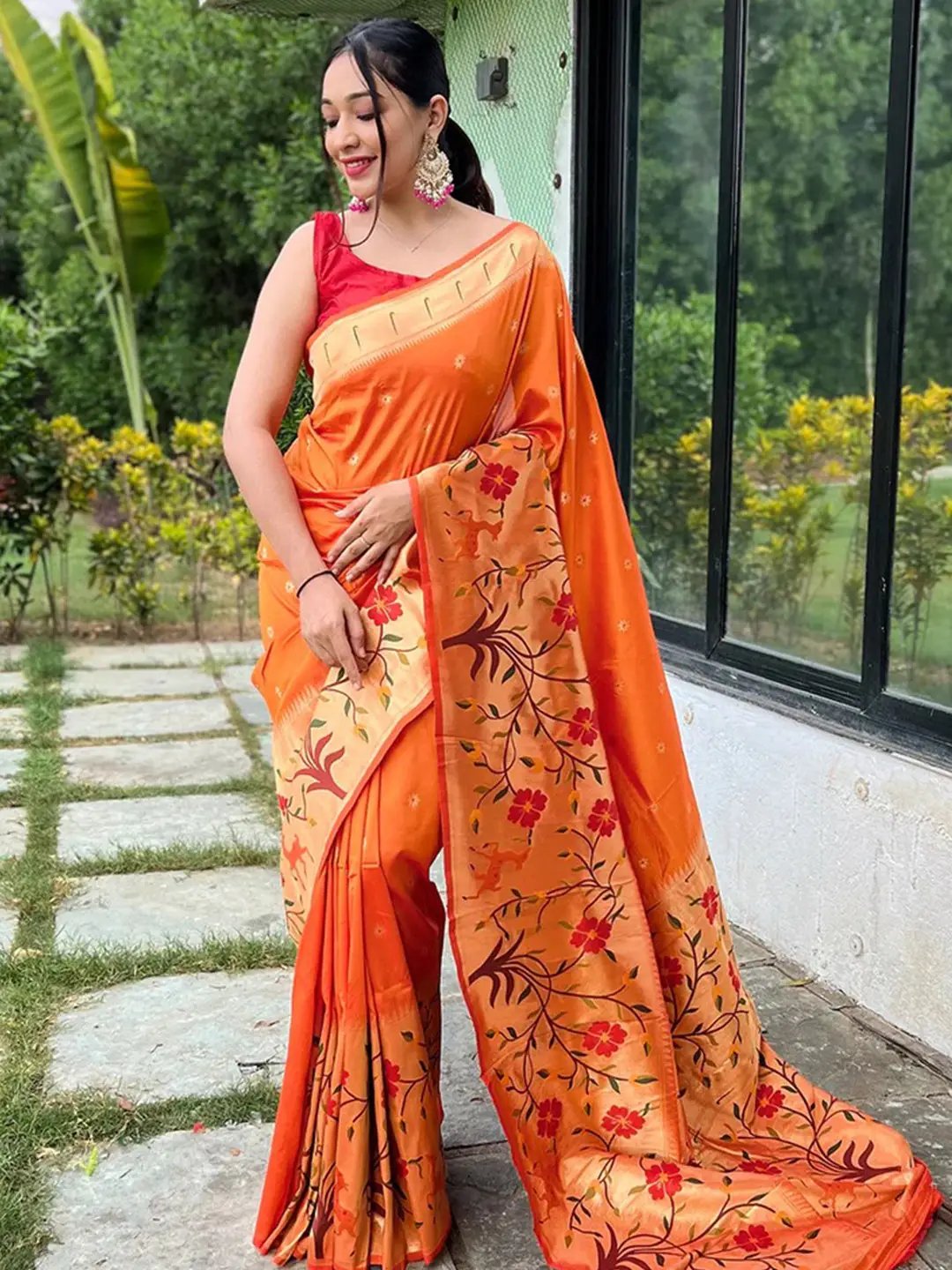 Orange Colour Paithani Big Border Woven Saree by My Store