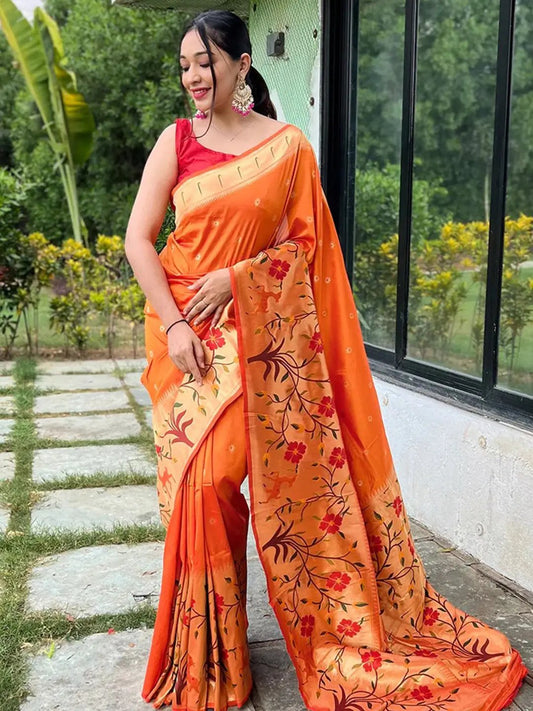 Orange Colour Paithani Big Border Woven Saree by My Store