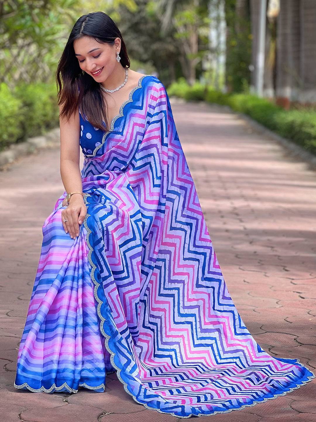 Stylish Leheriya And Striped Print Saree by My Store