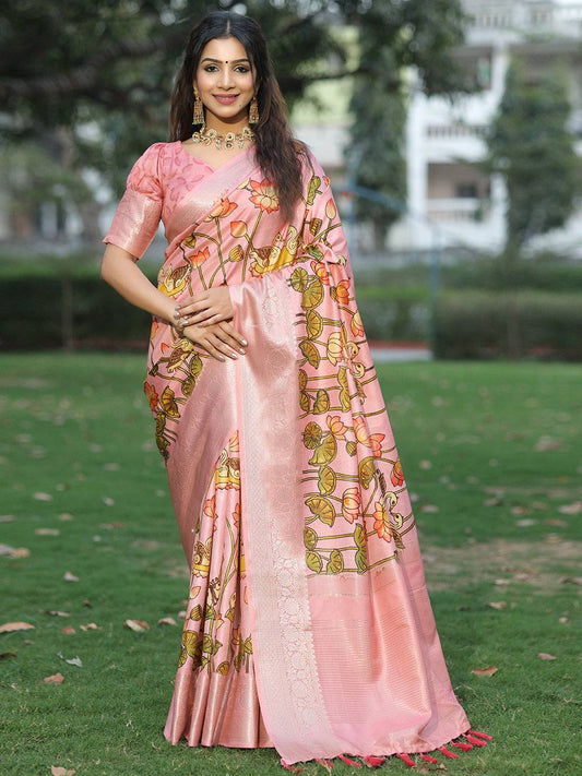 Pink Pure Viscose Dola Silk Saree With Pichwai And Mughal Print - Luxe by My Store