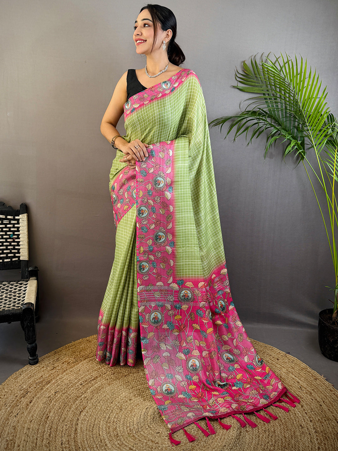 Mint Green Linen Kalamkari Print Saree by My Store