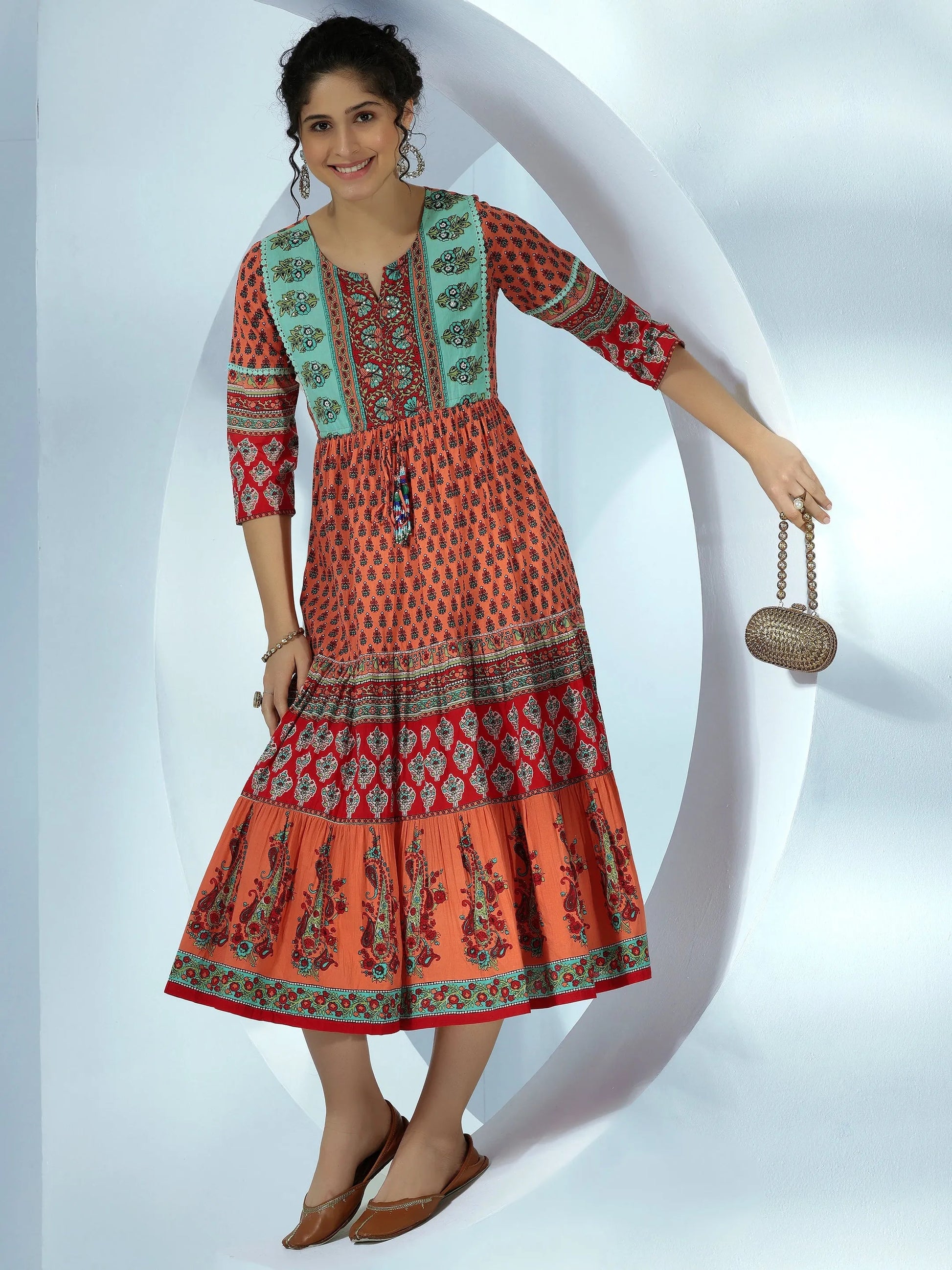 Orange Printed Fit and Flare Cotton Dress by My Store