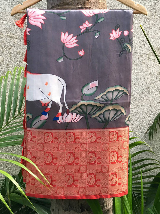 Silk Pichwai Digital Print Grey Saree by My Store