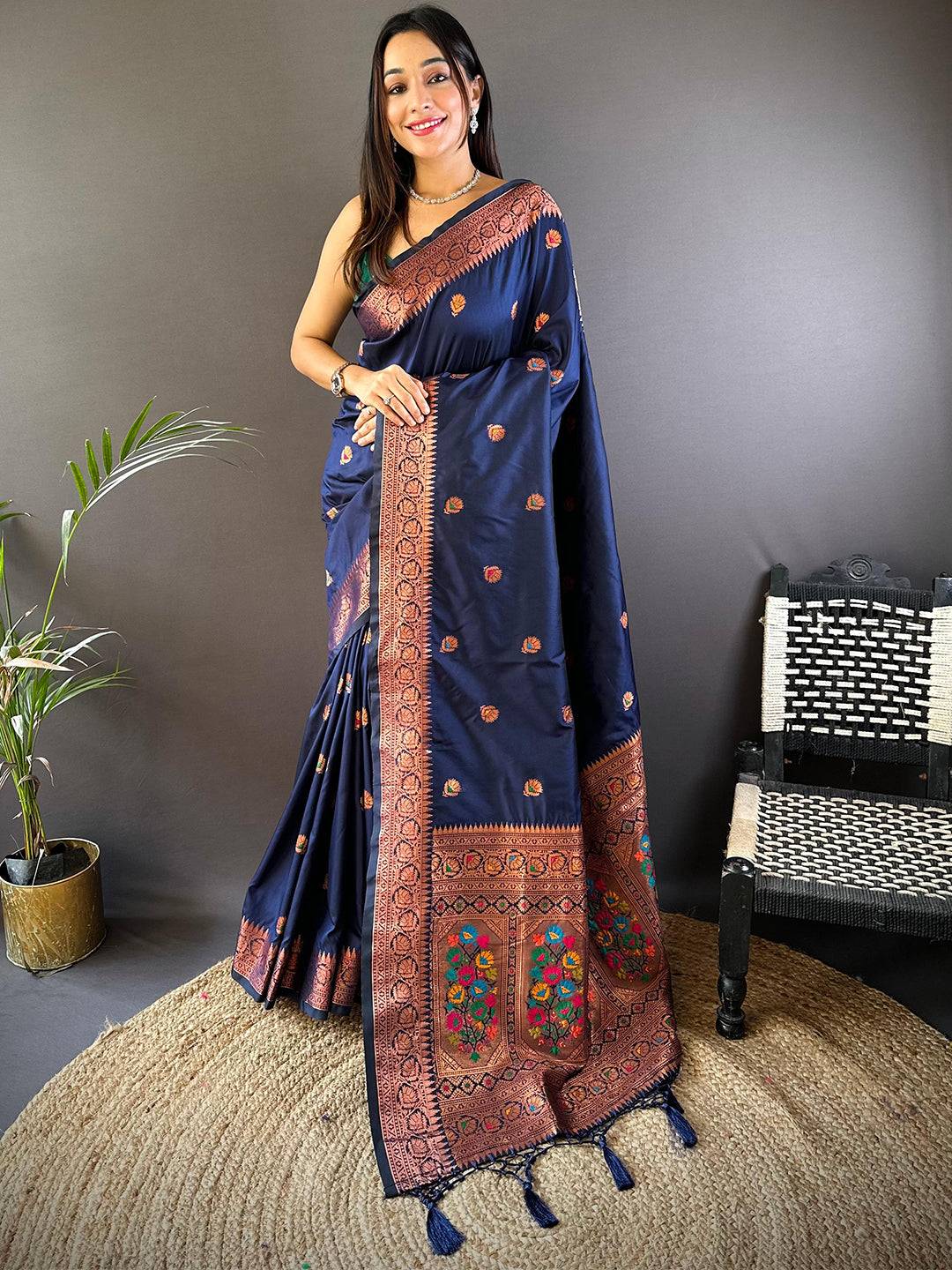 Navy Blue Soft Silk Coppar Zari Weaving Saree by My Store