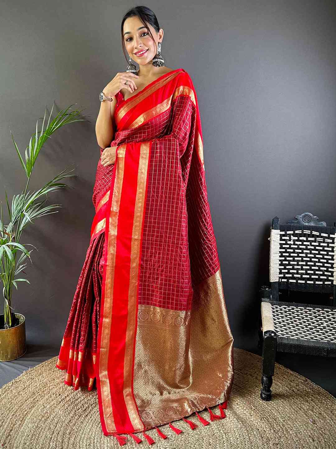 Maroon Silk Woven Kanchi Banarasi Saree by My Store