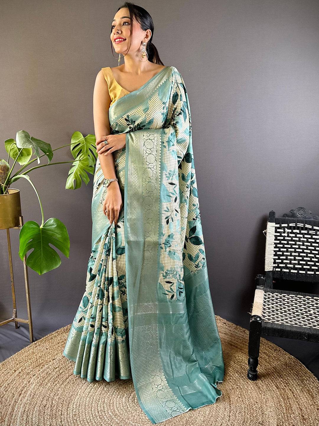 Leaf And Check Turquoise Viscose Saree by My Store