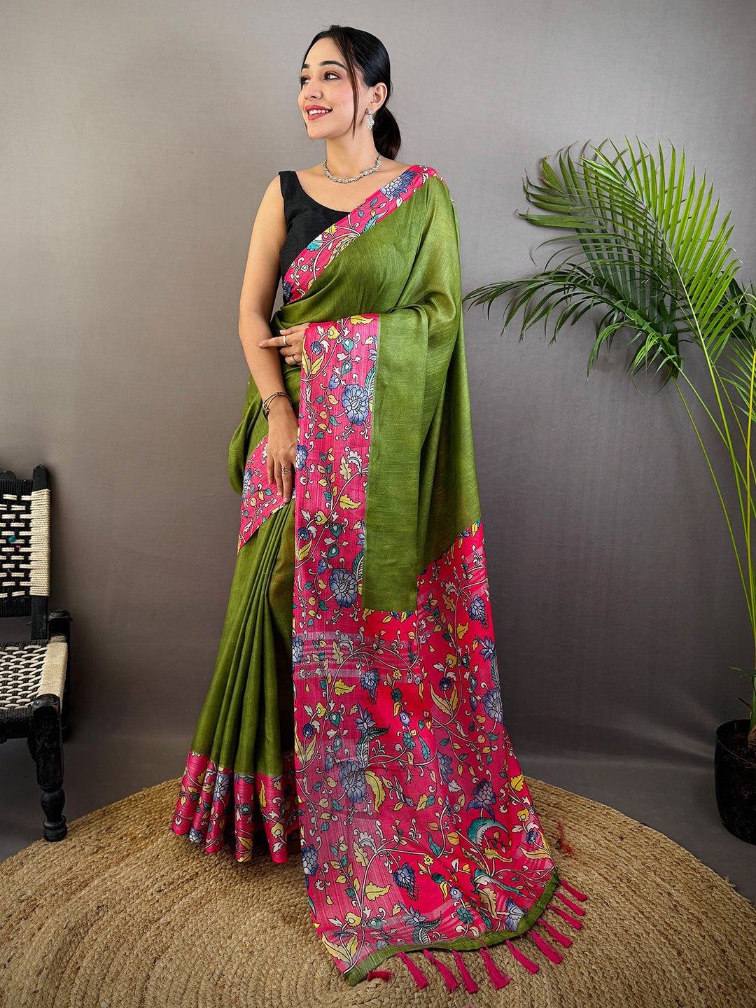 Olive Linen Kalamkari Print Saree by My Store