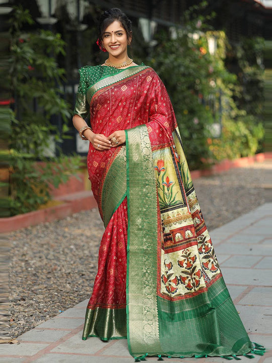 Red Colour Pure Viscose Dola Silk Saree With Mughal Motifs - Luxe by My Store