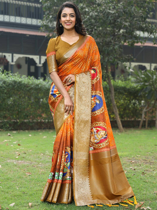 Orange Pure Viscose Dola Silk Saree with Mughal Print Border - Luxe by My Store