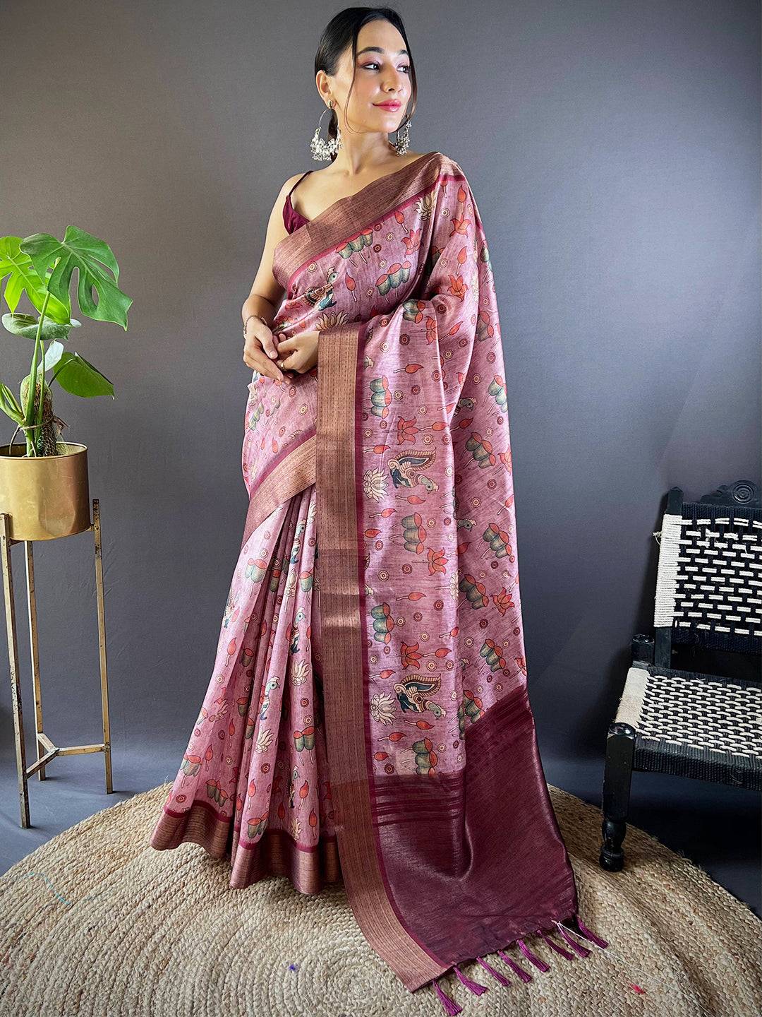 Brown Kalamkari Tussar Silk Saree by My Store