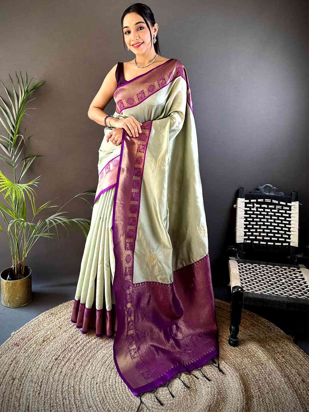 Opulent Pista Banarasi Katan Silk Saree by My Store