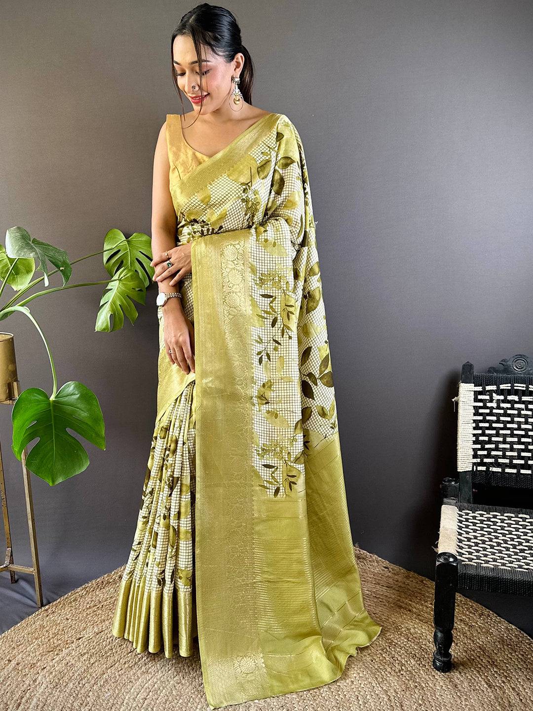 Leaf And Check Olive Viscose Saree by My Store