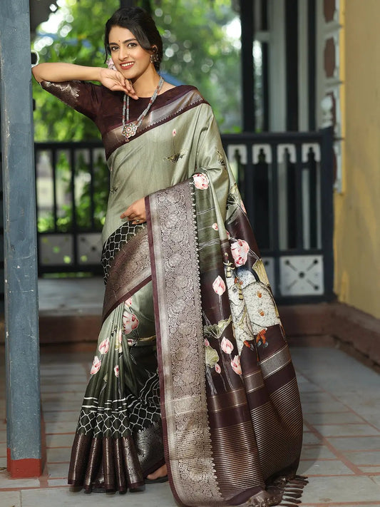 Batik Pen kalamkari With Zari Weaving Pallu Olive Colour Saree - Luxe