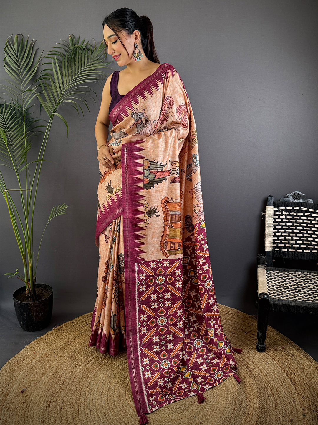 Light Peach Tussar Silk Kalamkari Printed Saree by My Store