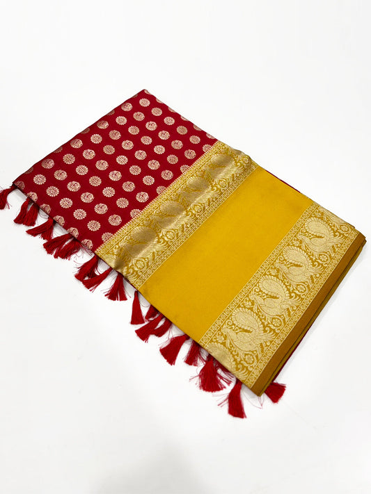 Red Banarasi Silver Buttas Zari Weaving Saree by My Store