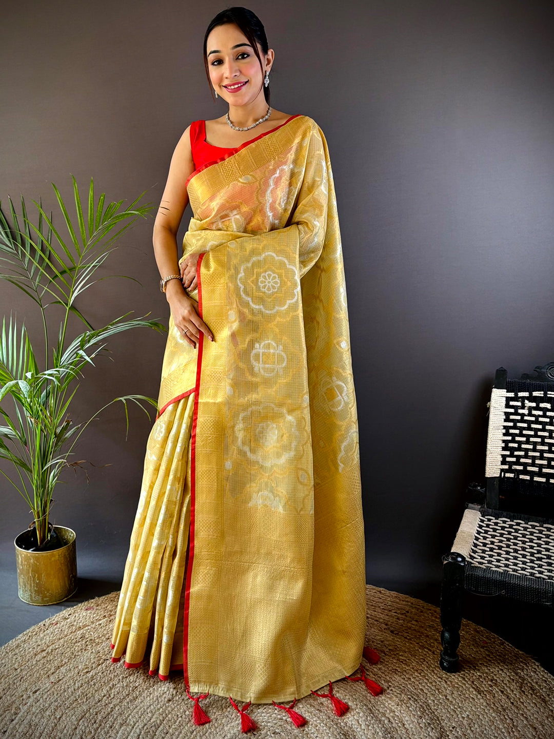 Minakari Floral Saree With Red Tassels by My Store