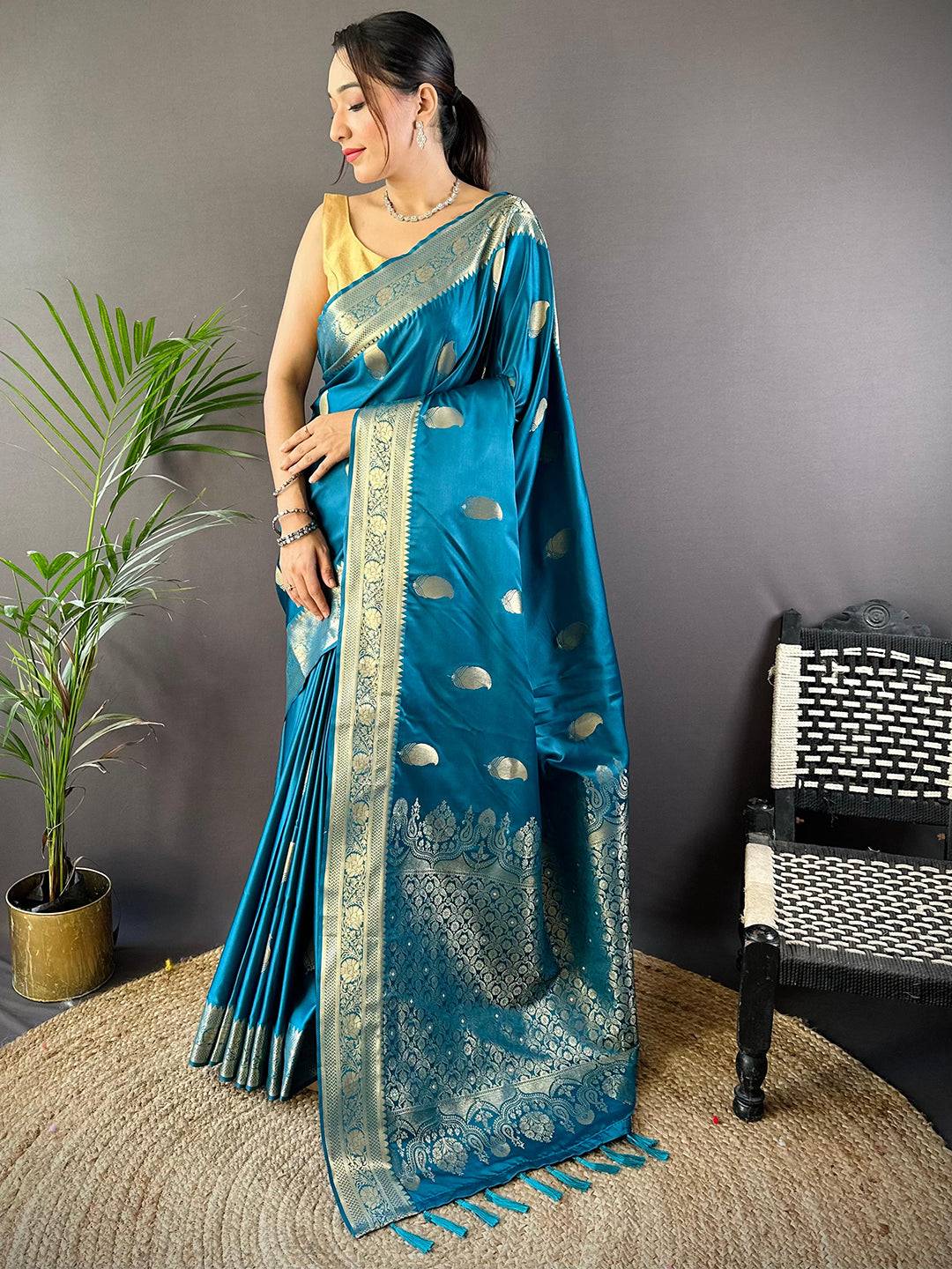 Teal Banarasi Soft Satin Masru Mango Silk Saree