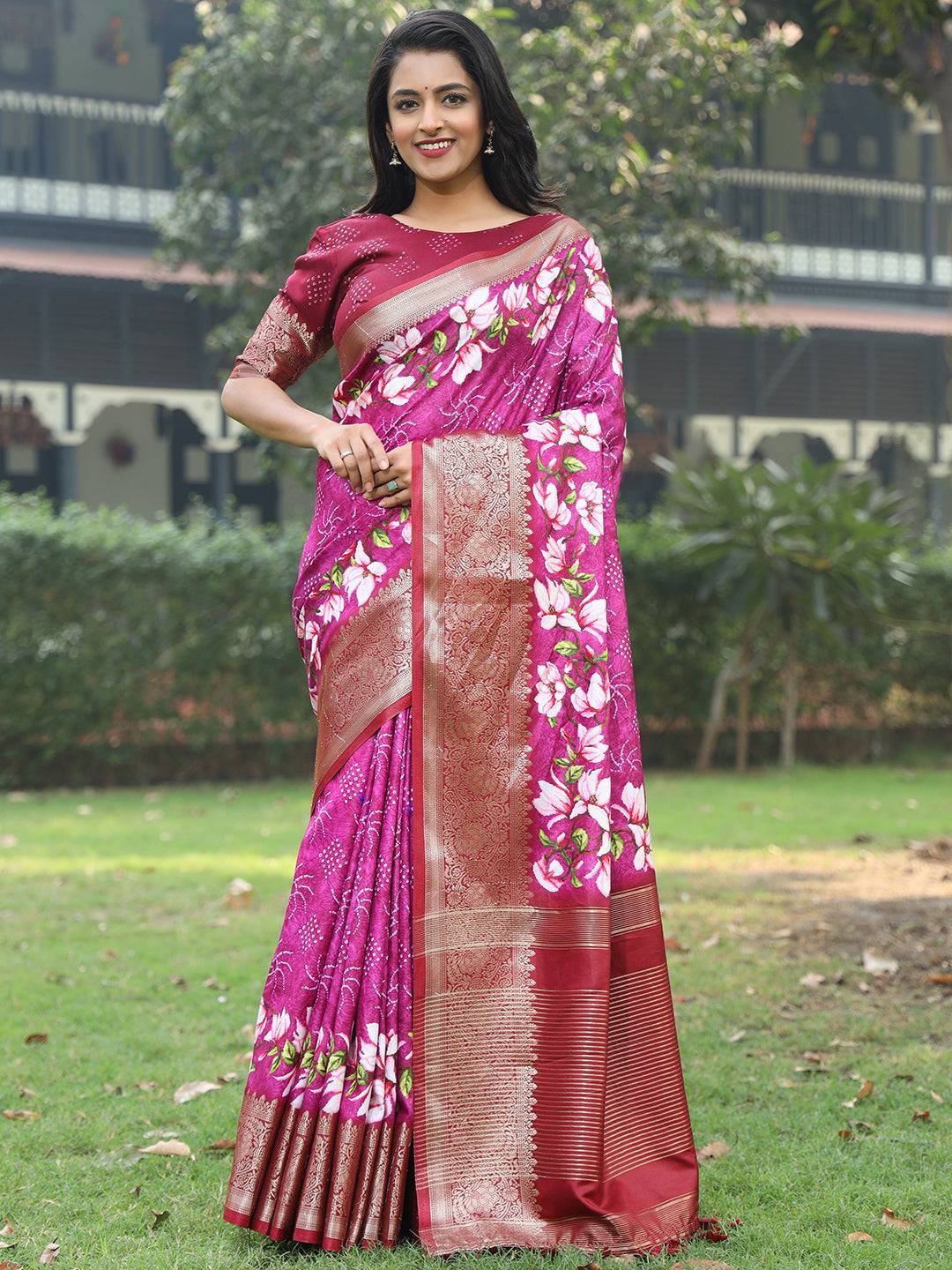 Magenta Pure Viscose Dola Silk Saree With Floral Print Border - Luxe by My Store
