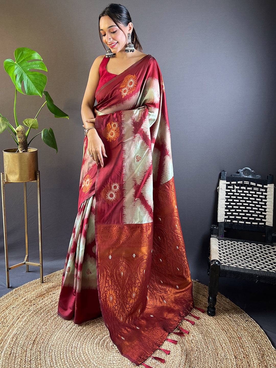 Maroon Tussar Silk Ikkat Weaving Saree by My Store