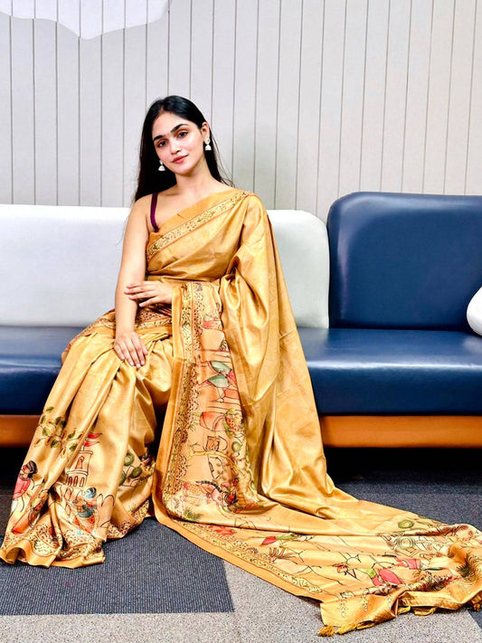 Gold Free Hand Kalamkari Print Saree by My Store