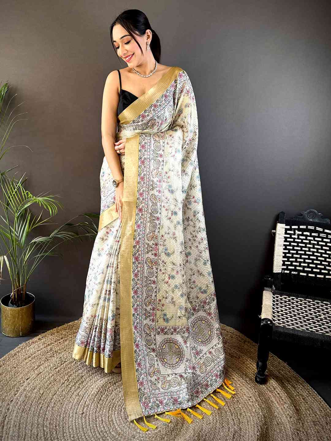 Off White Chanderi Madhubani Black Chex Saree by My Store