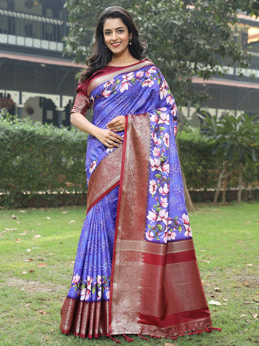 Purple Colour Pure Viscose Dola Silk Saree With Floral Print Border - Luxe by My Store