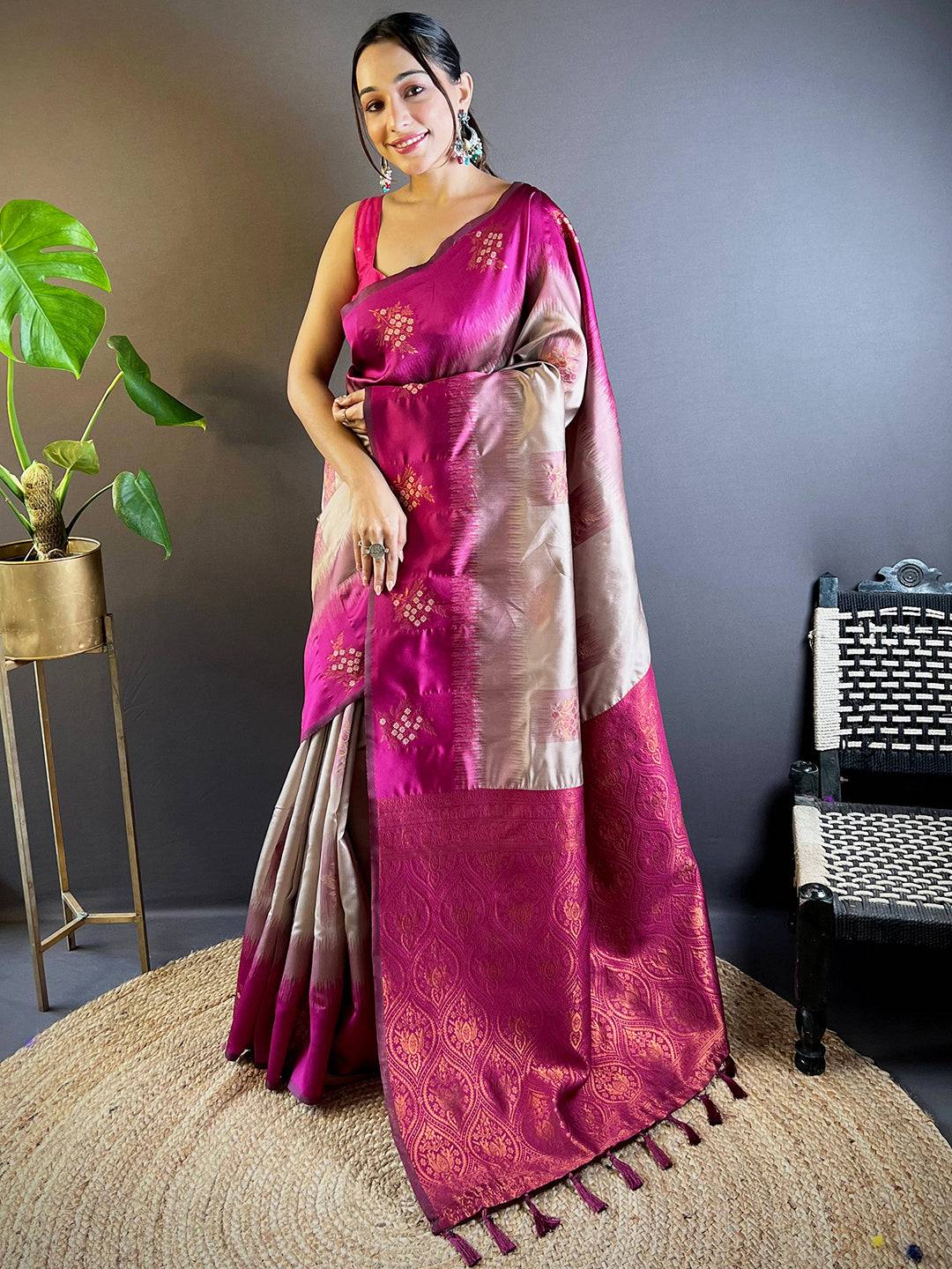 Magenta Sami Banarasi Tussar Silk Saree by My Store