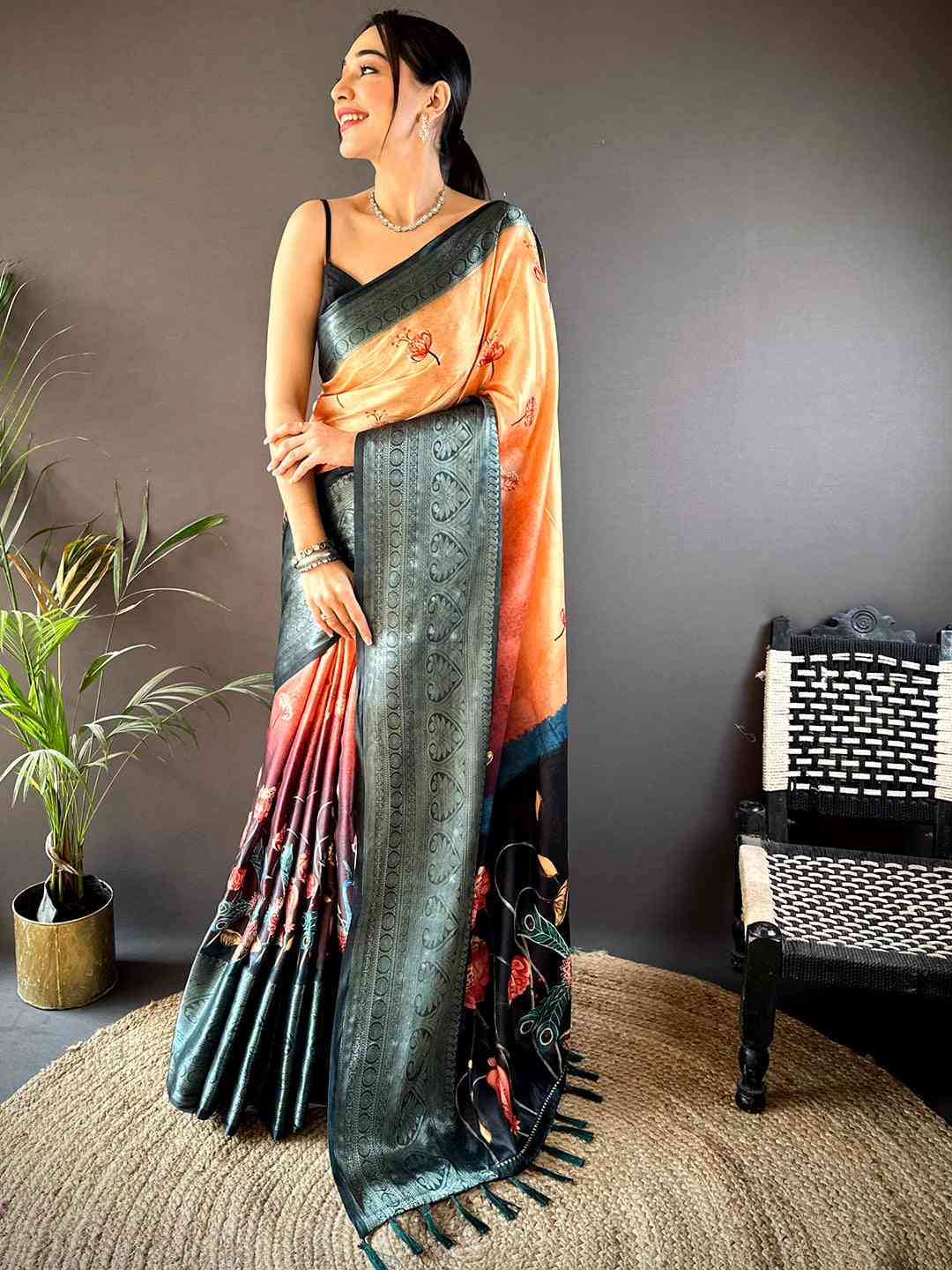 Orange Soft Silk Floral Ombre Print Saree by My Store