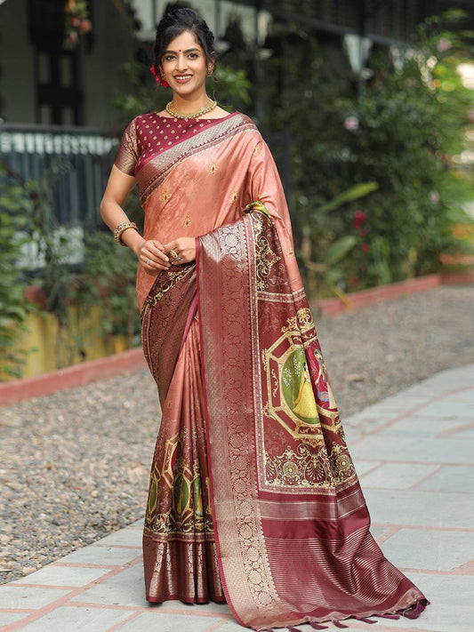 Pure Viscose Dola Silk Saree With Zari Weaving Pallu In Peach Colour - Luxe by My Store