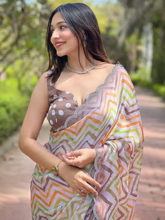Traditional Leheriya And Striped Print Saree