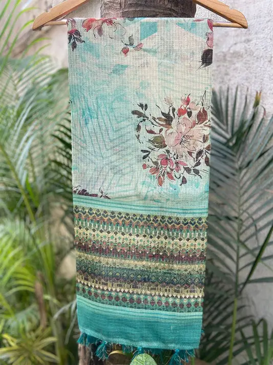 Traditional Turquoise Colour Soft Kota Doriya Silk Saree With Flower Print