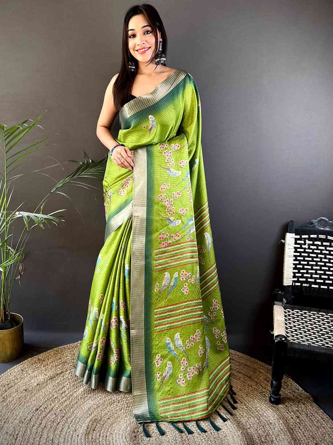 Green Chanderi Check Sparrow Print Saree by My Store