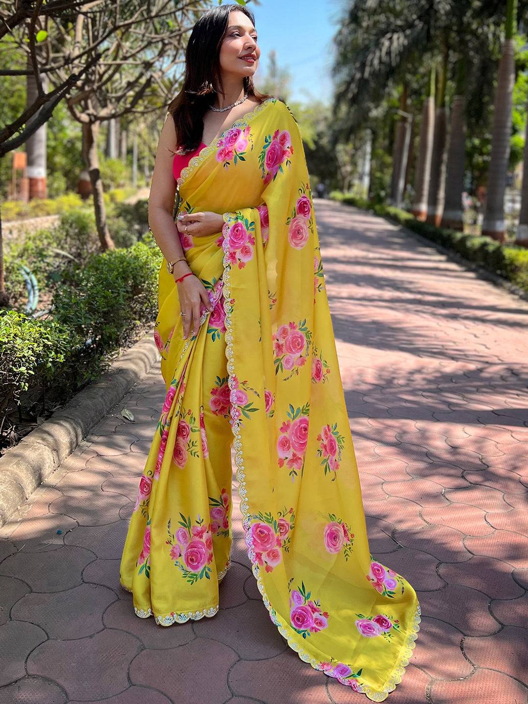 Yellow Pure Satin Georgette with Zircon Swarovski Border Saree