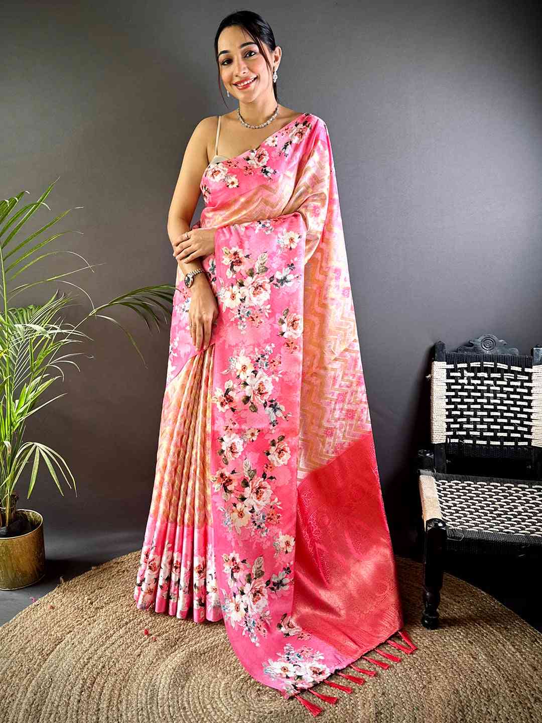Baby Pink Zari Zigzag Kota Doriya Saree