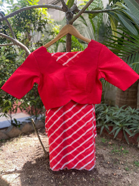 Red Pure Georgette Leheriya Print Swaroski Cut Work Border Saree by My Store