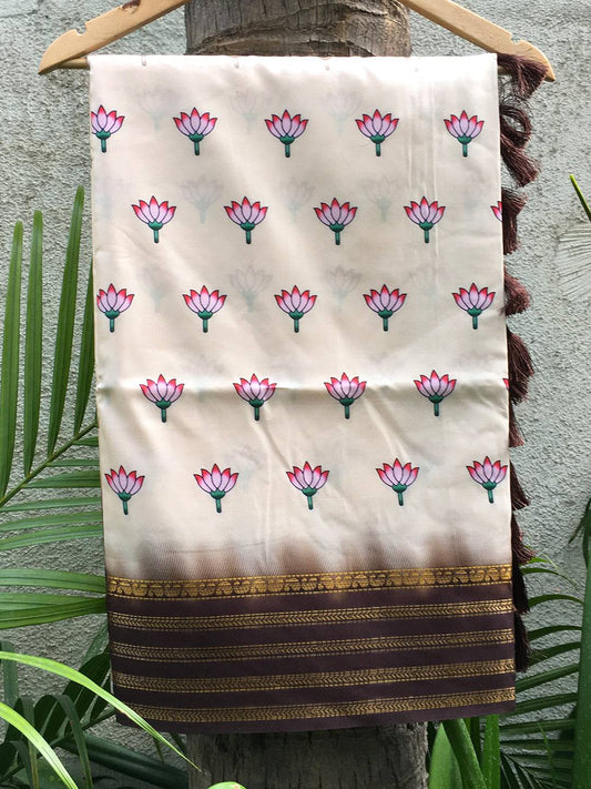 Cream 2 Ton Lotus Print Saree by My Store
