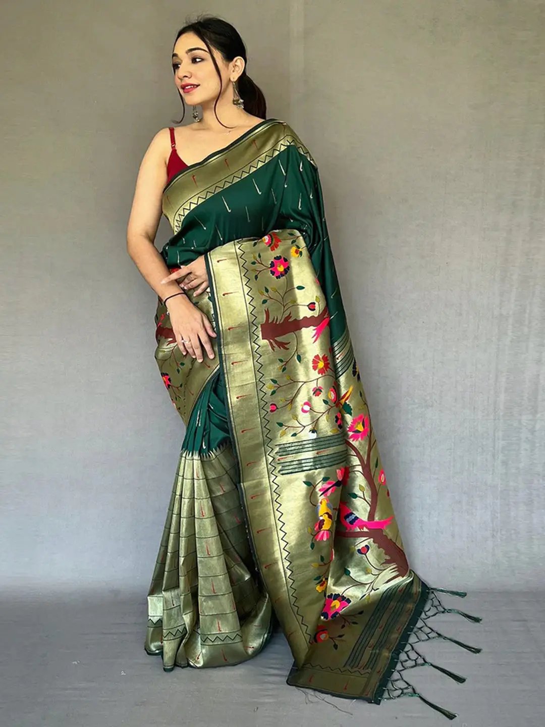 Bottle Green Paithani Big Border Zari Woven Saree by My Store