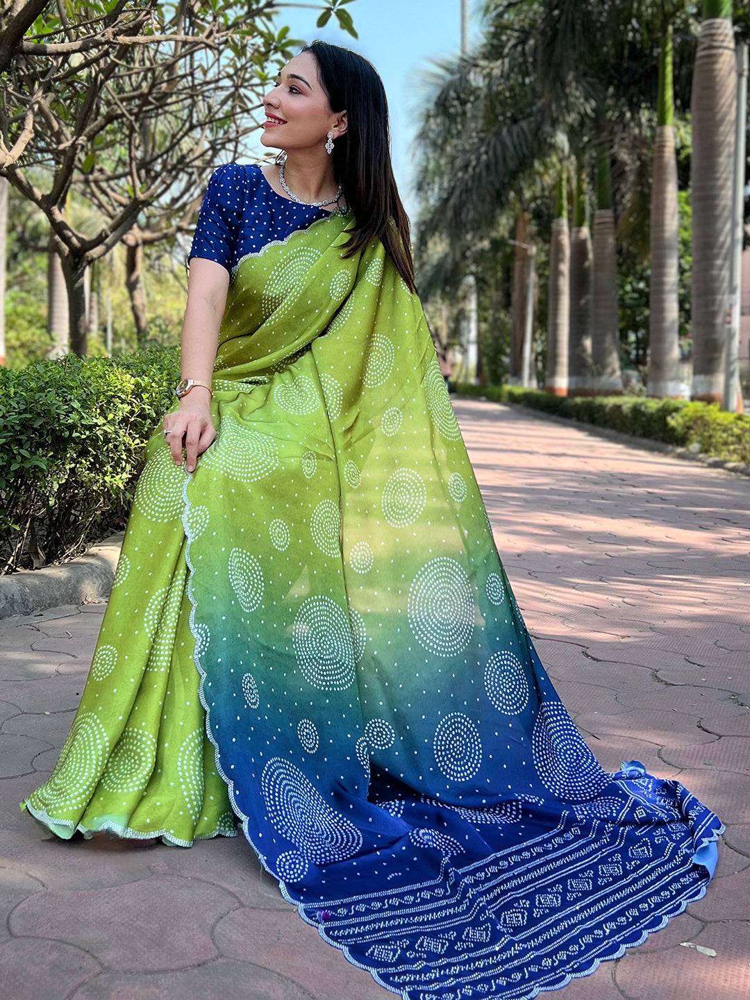 Lime Georgette Silk Saree with Ombre Bandhej Print & Swaroski Stone Work by My Store