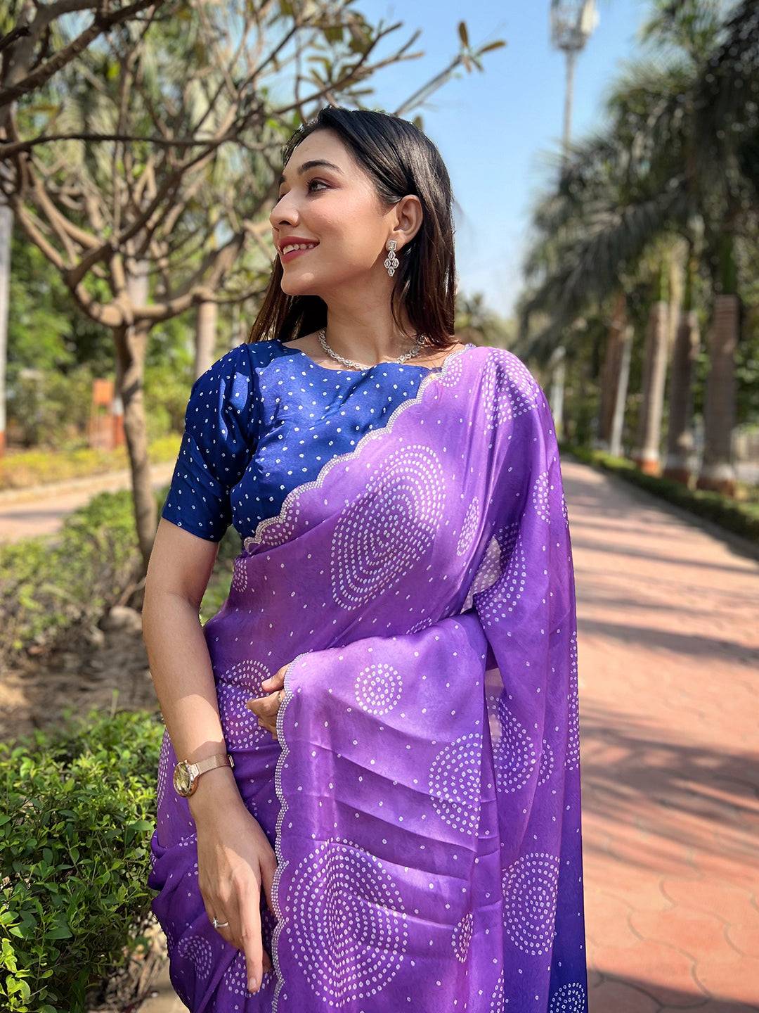 Lavender Georgette Silk Saree with Ombre Bandhej Print & Swaroski Stone Work by My Store