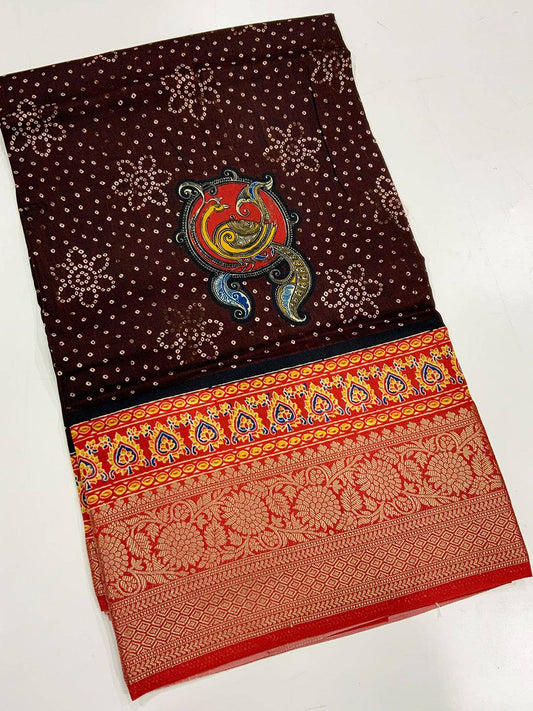 Brown Dola Silk Bandhej Saree by My Store