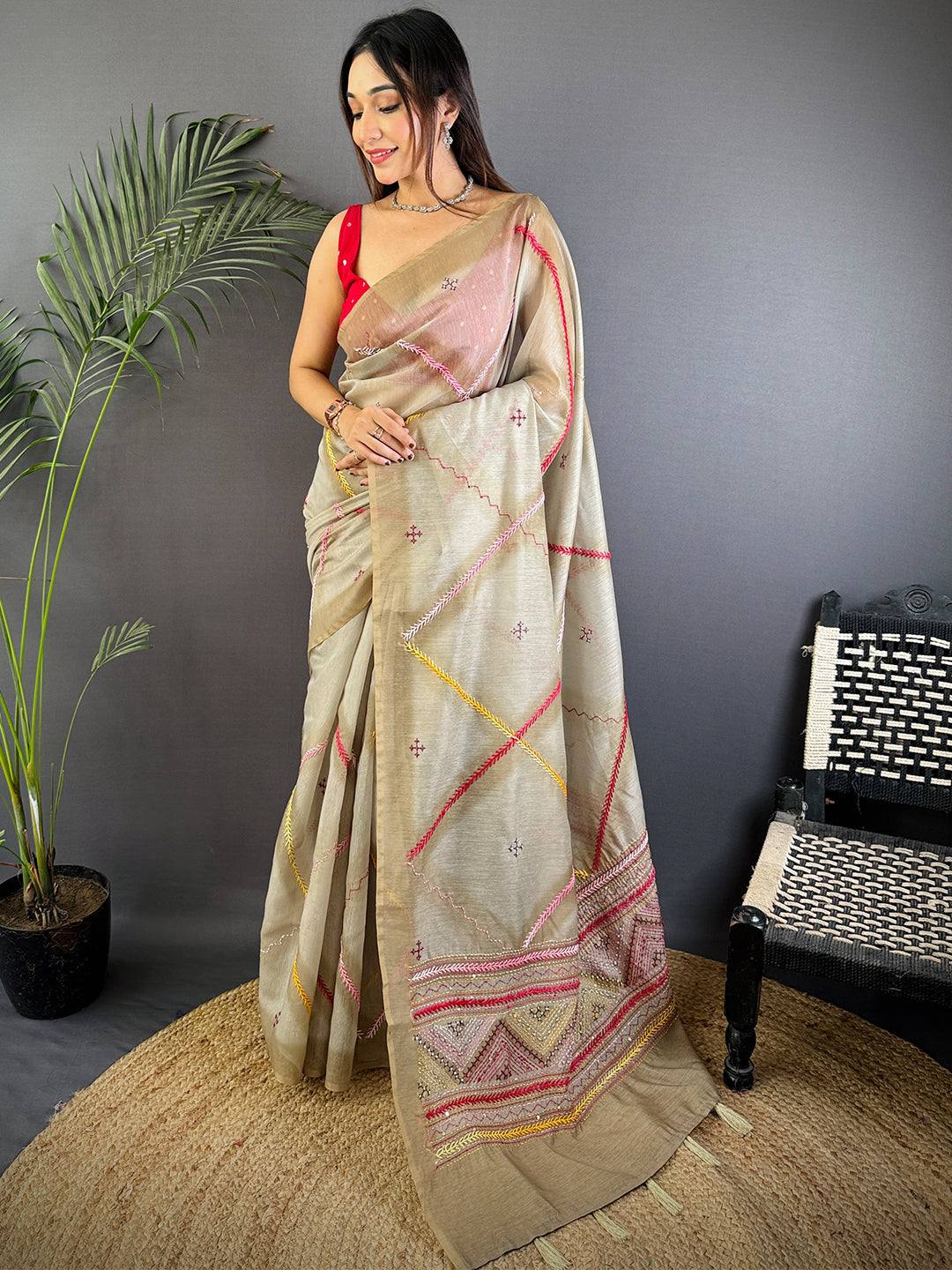 Pure Katha Stitch Tussar Silk Saree by My Store